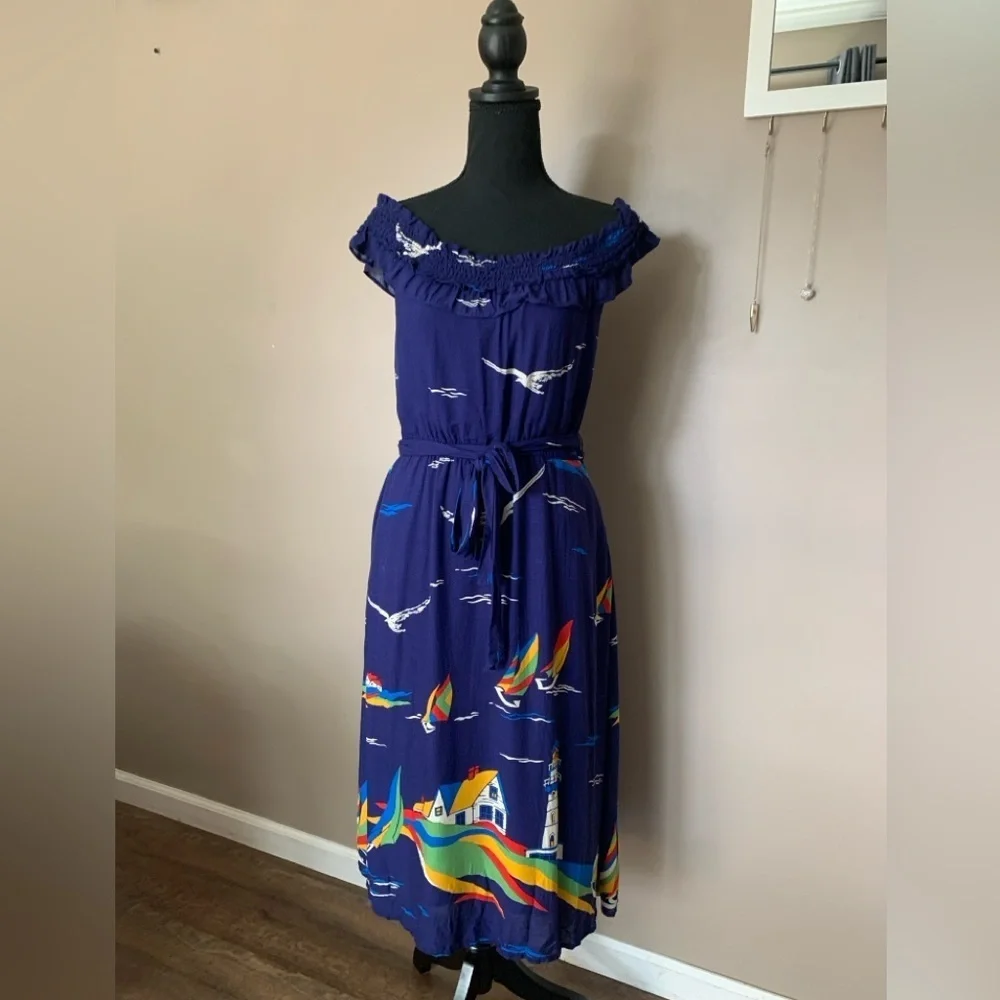 48 of 52 Conversations Anthropologie off shoulder nautical lighthouse dress sz 4 - Picture 3 of 13